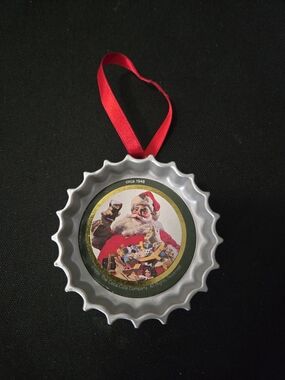 Coca Cola Silver Bottle Cap Ornament with Red Ribbon and Santa Art